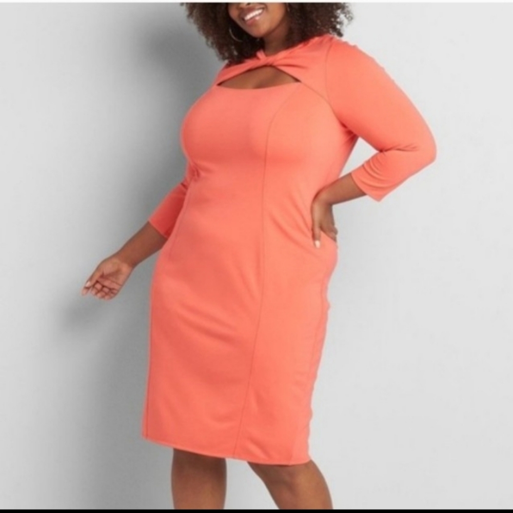 LANE BRYANT STARFISH CORAL PONTE TWIST-NECK SHEATH DRESS